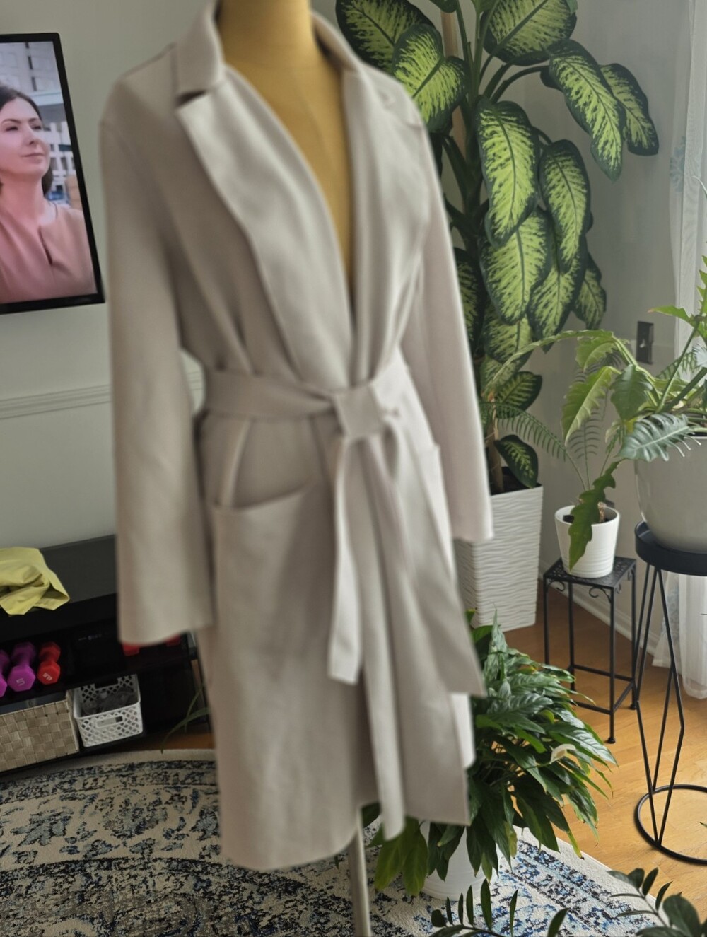 Magaschoni Belted Open Front Coatigan Beige Size M Soft Knit Jacket - Picture 3 of 6